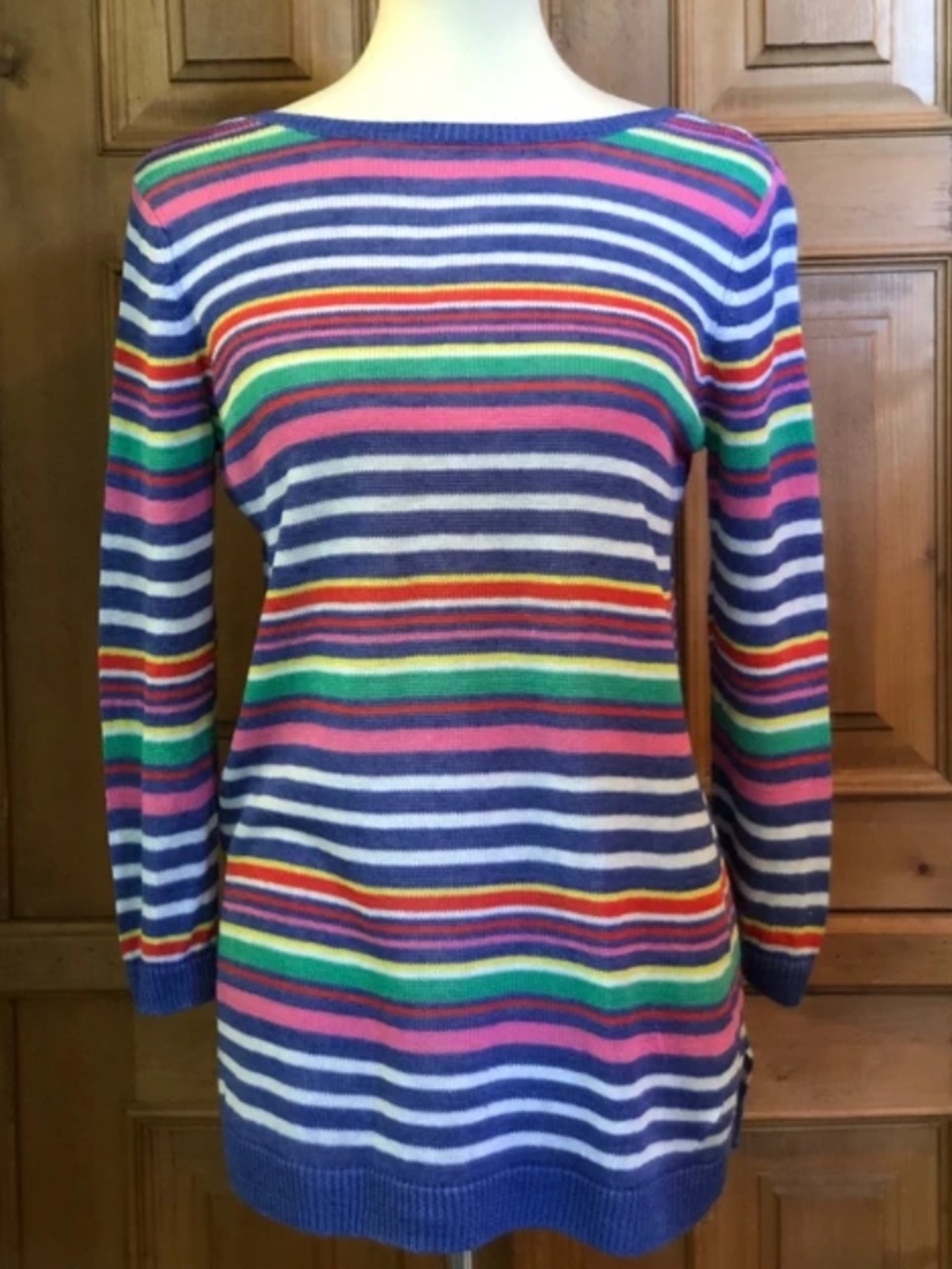Talbots Multi Color Stripe Linen Sweater 3/4 Sleeves Blue Green Yellow Medium